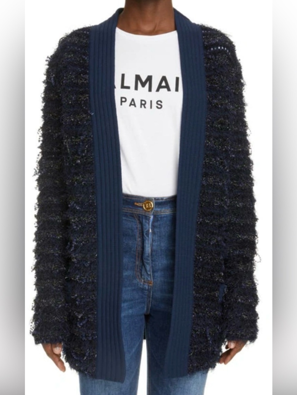 Balmain Navy Long Textured Open-Front Cardigan Blazer Jacket *missing belt*